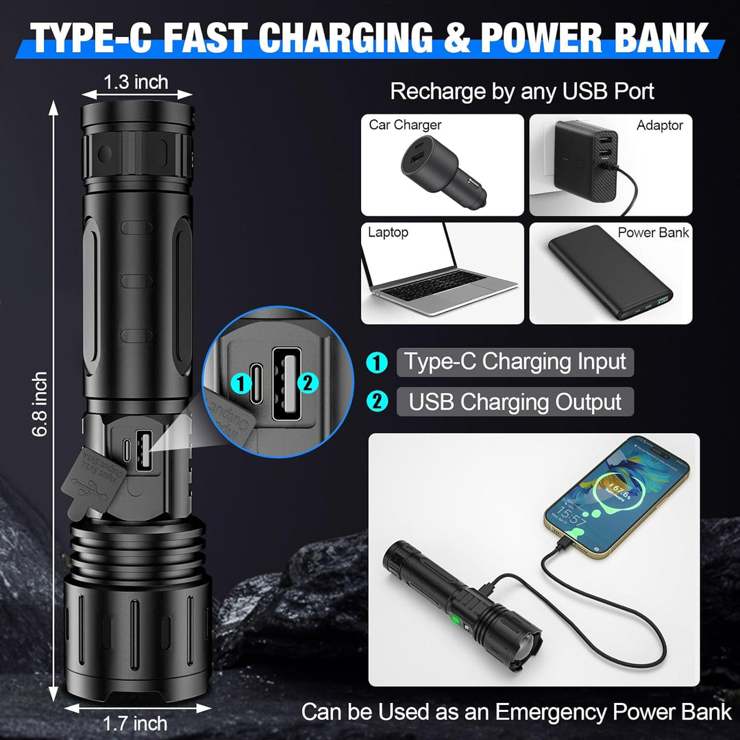 High-performance rechargeable LED tactical flashlight, serves as emergency light & power bank for outdoor gear.