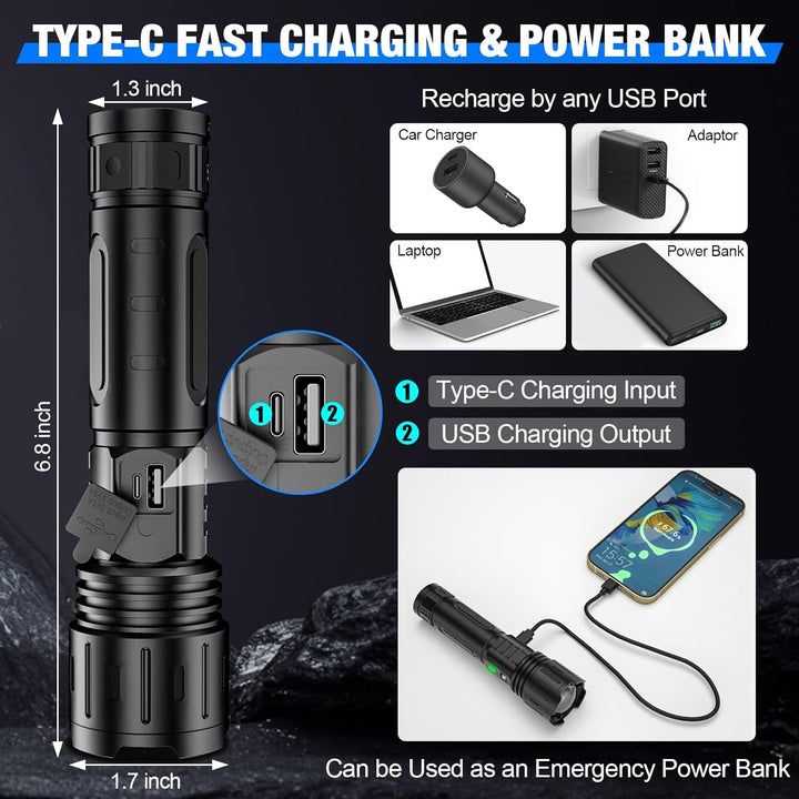 High-performance rechargeable LED tactical flashlight, serves as emergency light & power bank for outdoor gear.