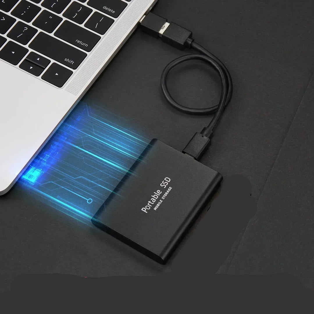 Ultra-fast 128GB external SSD for rapid data transfer, featuring a durable, compact aluminum design for portable storage.