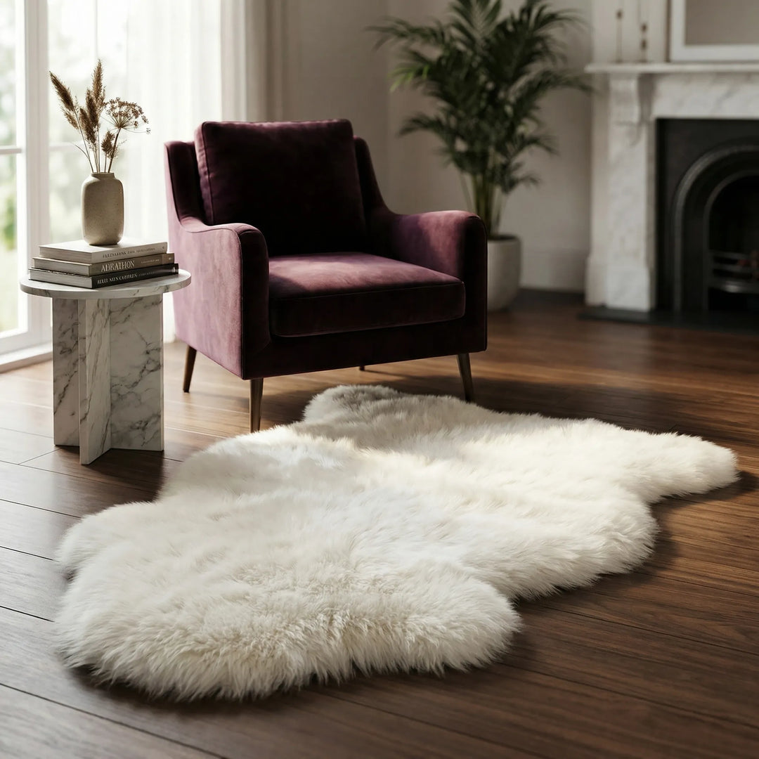 Ultra-soft faux fur area rug in a cozy living room, perfect for plush comfort and modern home decor.
