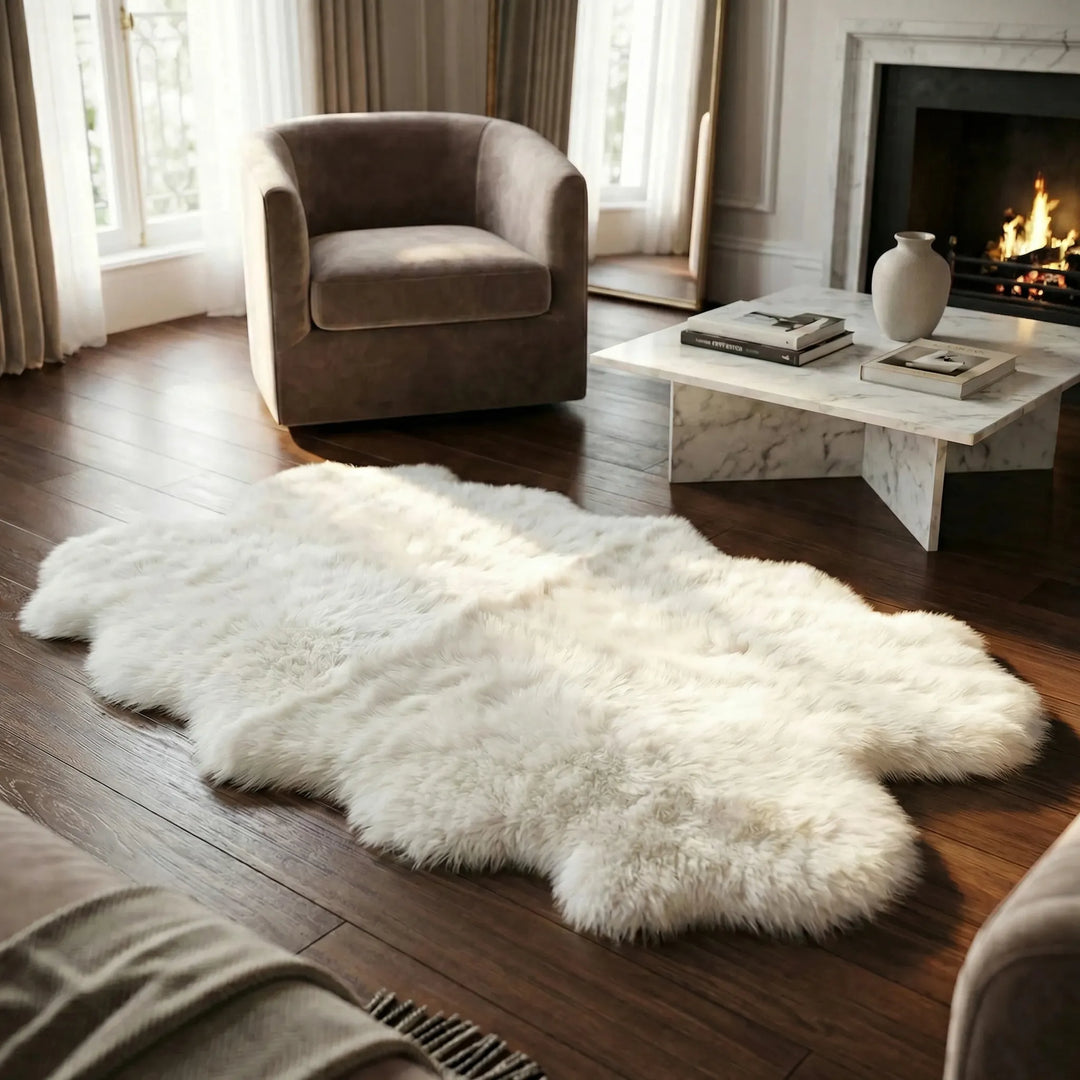 Creamy white ultra-soft faux fur rug with subtle wave texture, enhancing a bedroom with plush, cozy comfort.