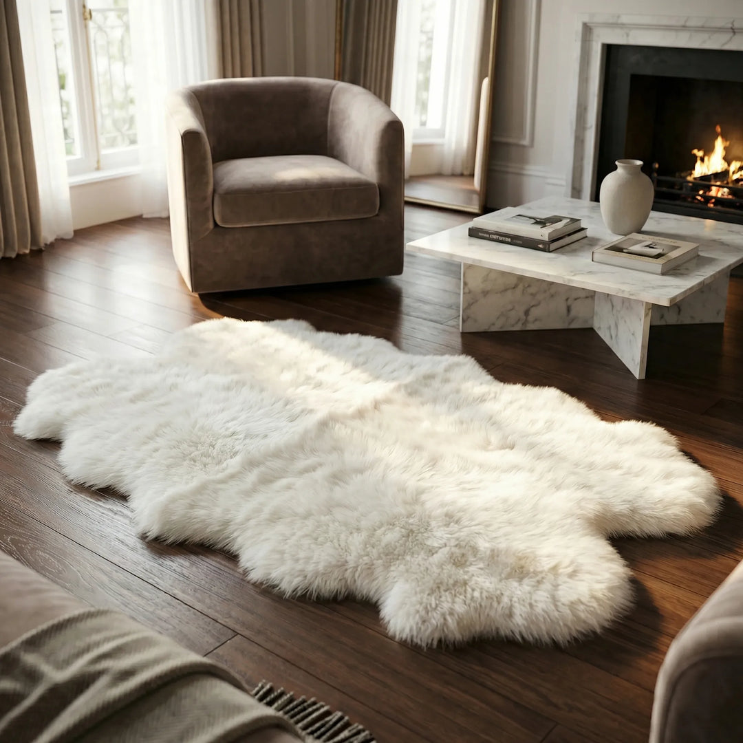 Close-up of a luxurious faux fur area rug, showcasing its ultra-soft texture and elegant wavy pattern for comfort.