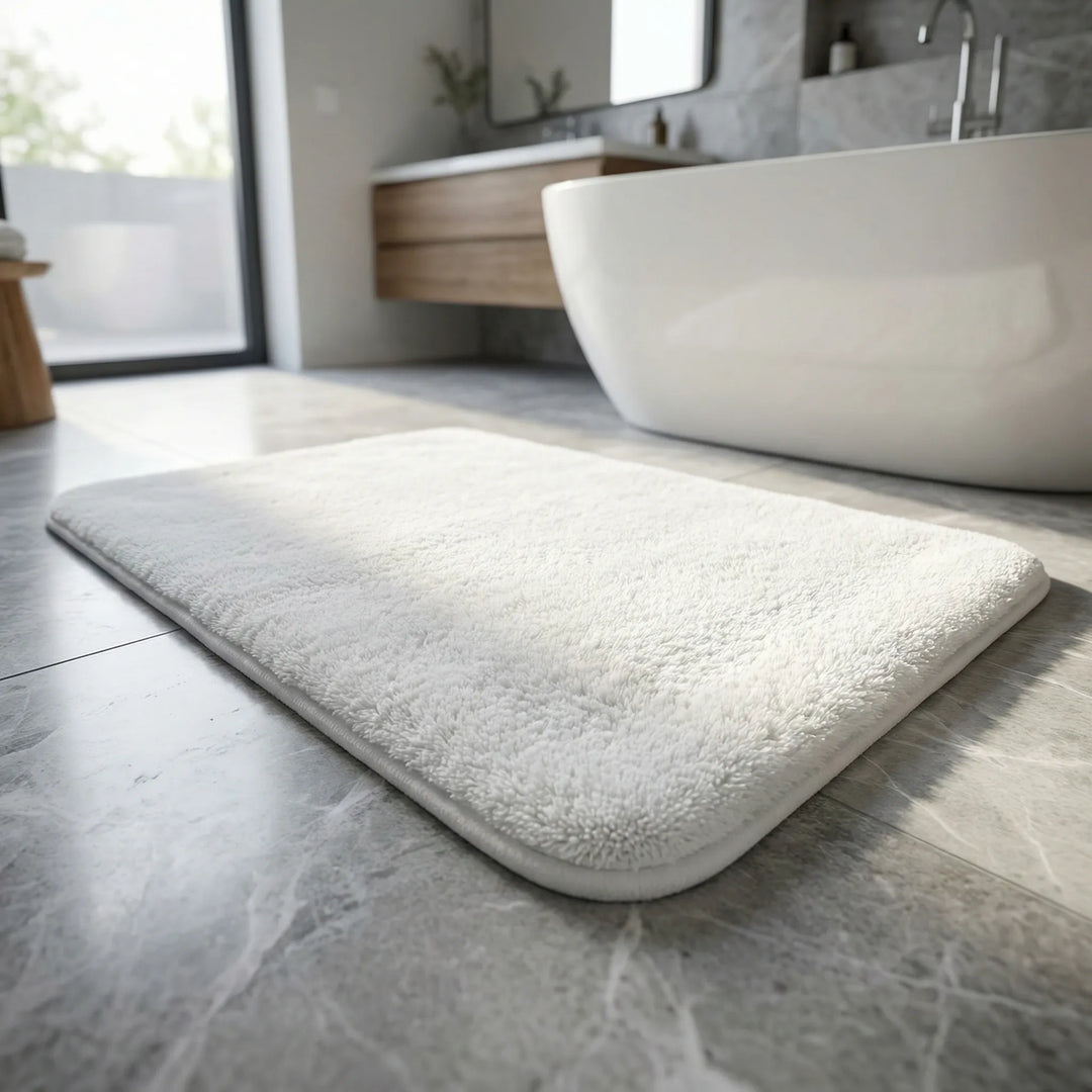 Ultra-soft plush absorbent bath mat with stylish Flowique wave design for bathroom comfort.