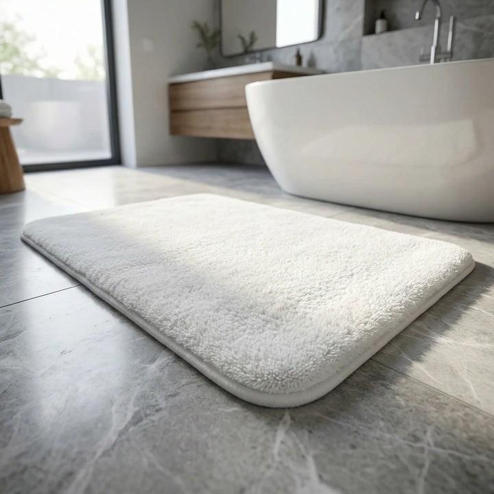Ultra-soft plush absorbent bath mat with stylish Flowique wave design for bathroom comfort.