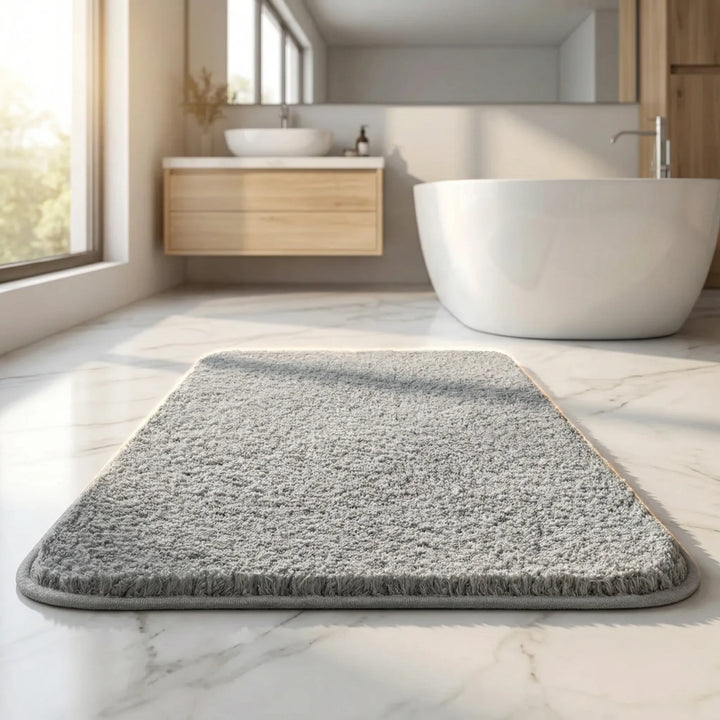 Statement area rug bath mat with elegant waves, super soft, absorbent, and non-slip.