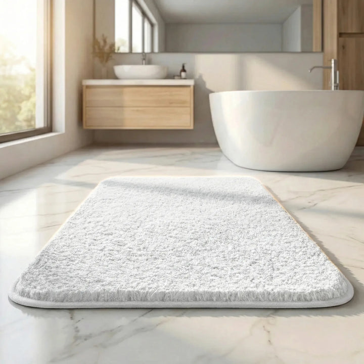 Luxurious plush absorbent bath mat in a unique wave design, ideal for a comfortable bathroom.