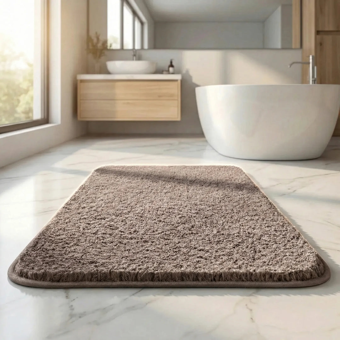 Washable non-slip plush bath mat with a stylish wave pattern for modern home decor.