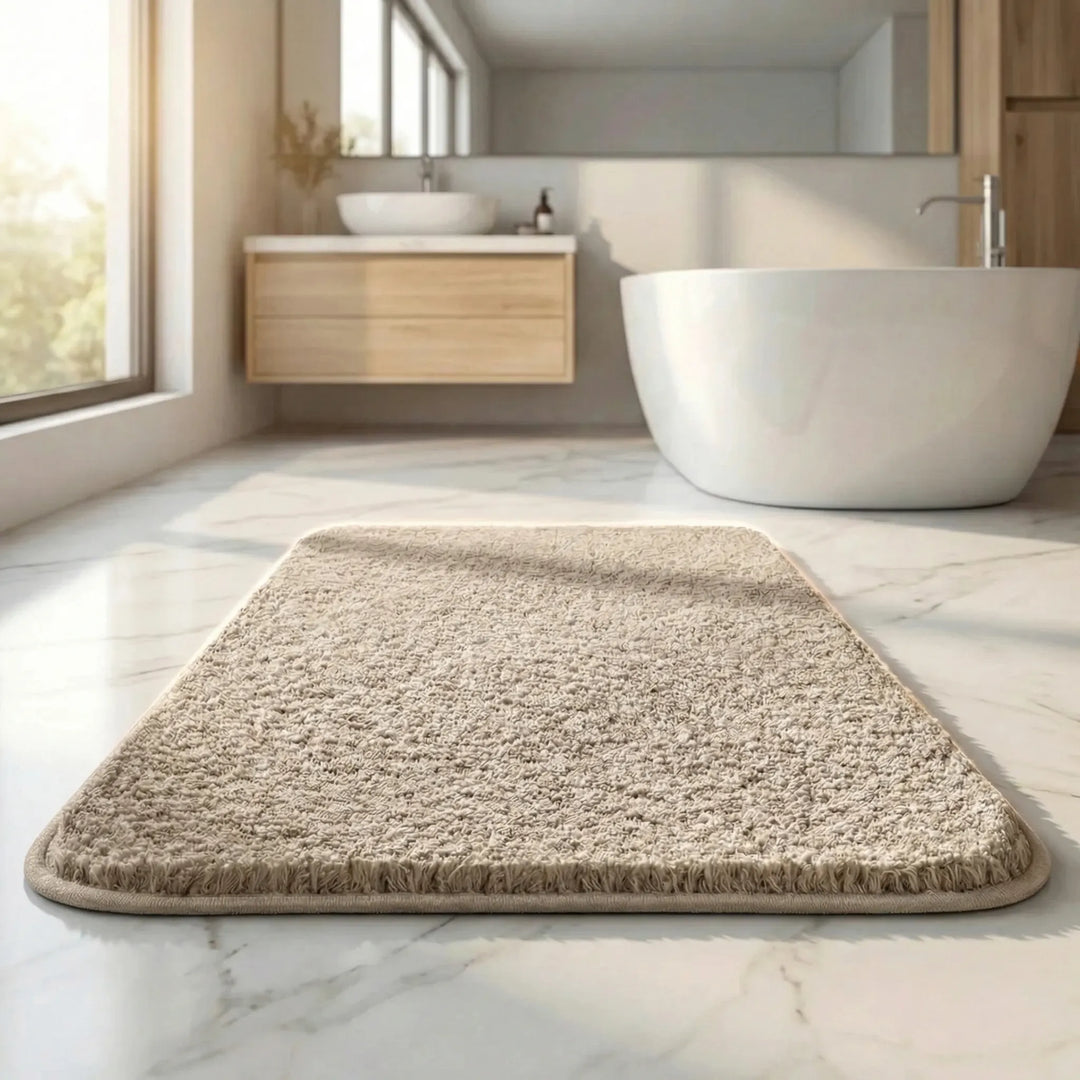 Comfortable ultra-soft absorbent bath mat with Flowique wave design, perfect for any bathroom.