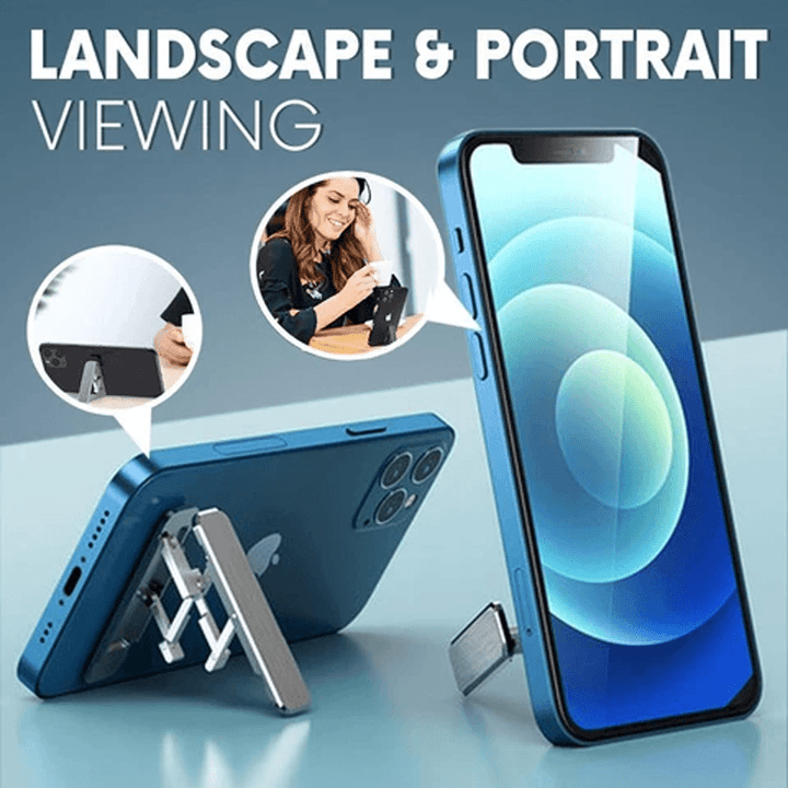Ultra-thin adhesive phone stand for hands-free viewing, ideal for smartphones and tablets, made from aluminum.