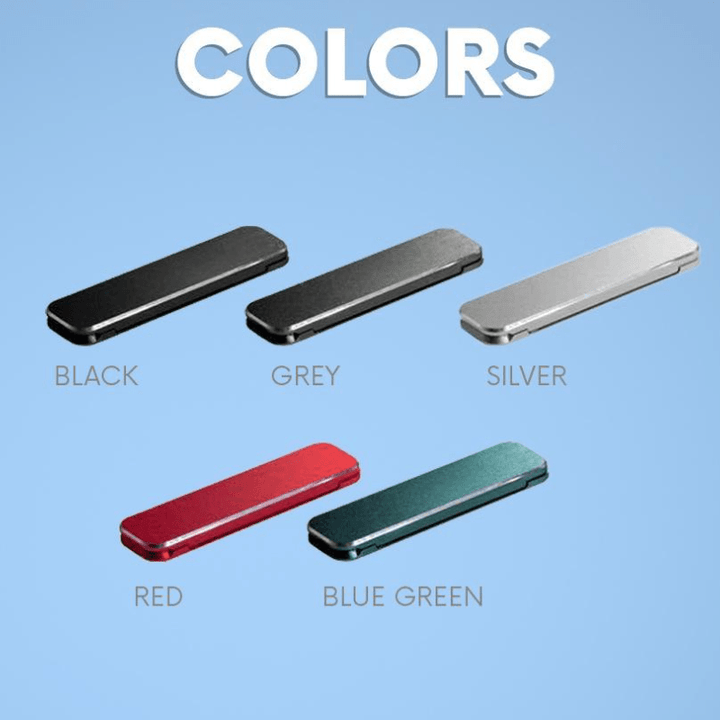 Adjustable ultra-thin phone stand, black, adheres to phone for hands-free use, great mobile accessory.