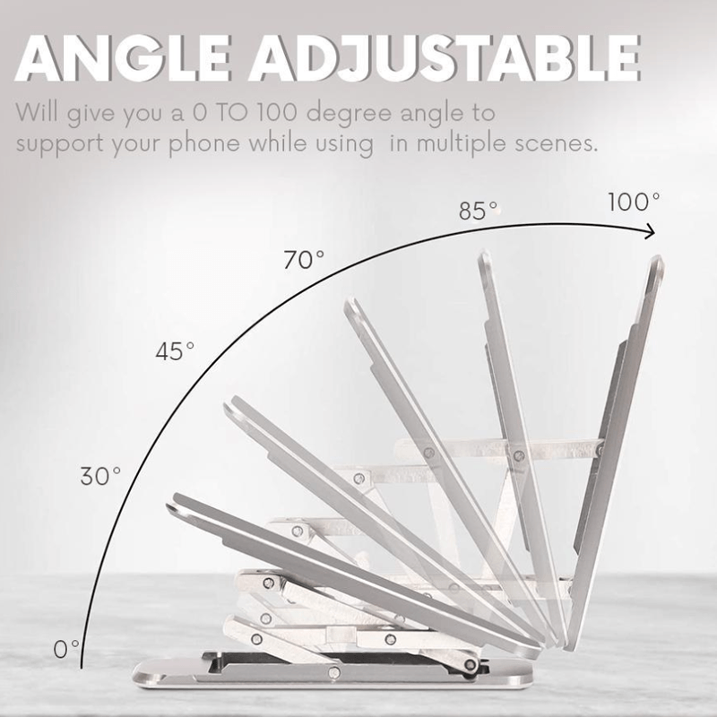 Universal stick-on phone stand, silver, sleek and ultra-thin, perfect for desks or travel.