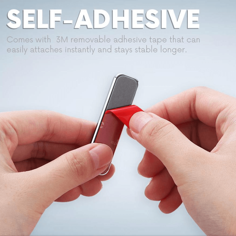 Aluminum ultra-thin phone stand, adheres securely to mobile devices, enables hands-free horizontal viewing.