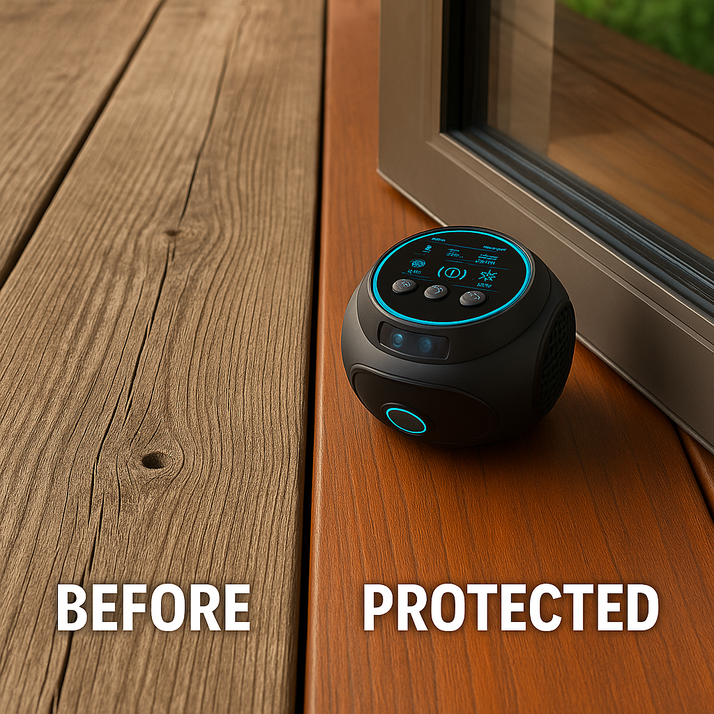 Compact ultrasonic device for 360° outdoor bee & wasp pest control.