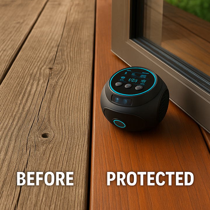 Compact ultrasonic device for 360° outdoor bee & wasp pest control.
