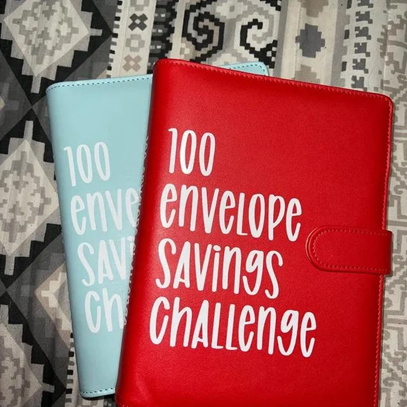 Close-up of a 100 Envelope Savings Challenge Binder with '100 Day Challenge' title, a budgeting tool