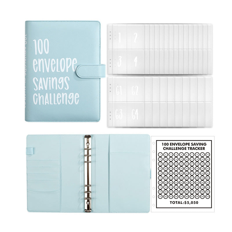 Back view of the sleek PU leather 100 Envelopes Money Saving Challenge Kit, finance gift