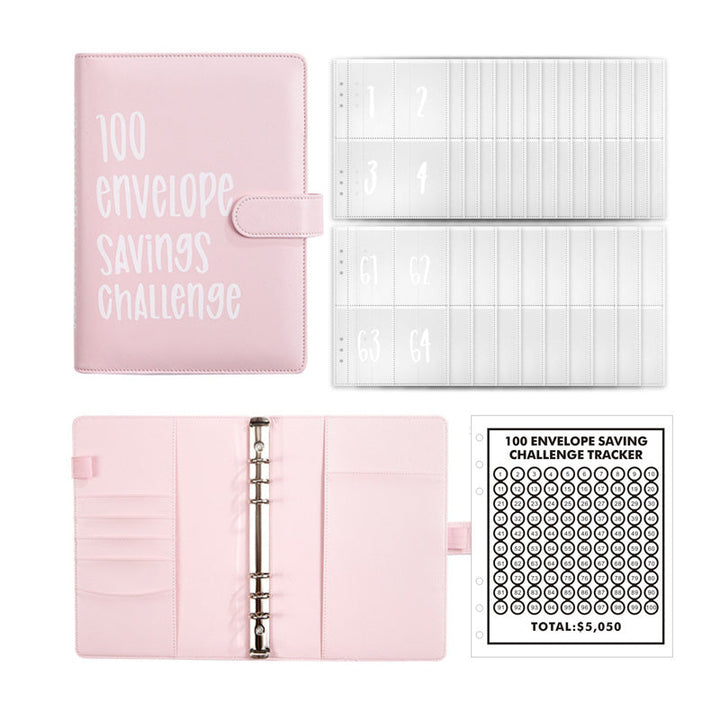 Stack of money next to the 100 Envelopes Money Saving Challenge Kit, inspiring financial goals