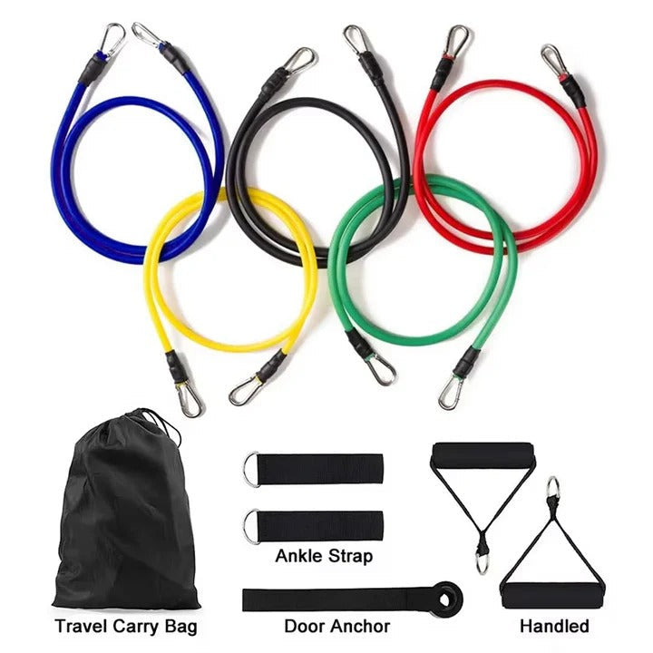 Portable TPE resistance band kit, essential fitness equipment for travel or an efficient home gym setup.