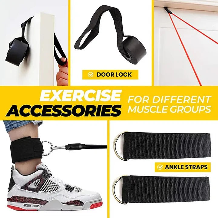 Comprehensive 11-piece resistance band set, providing diverse workout gear for a challenging full body routine.