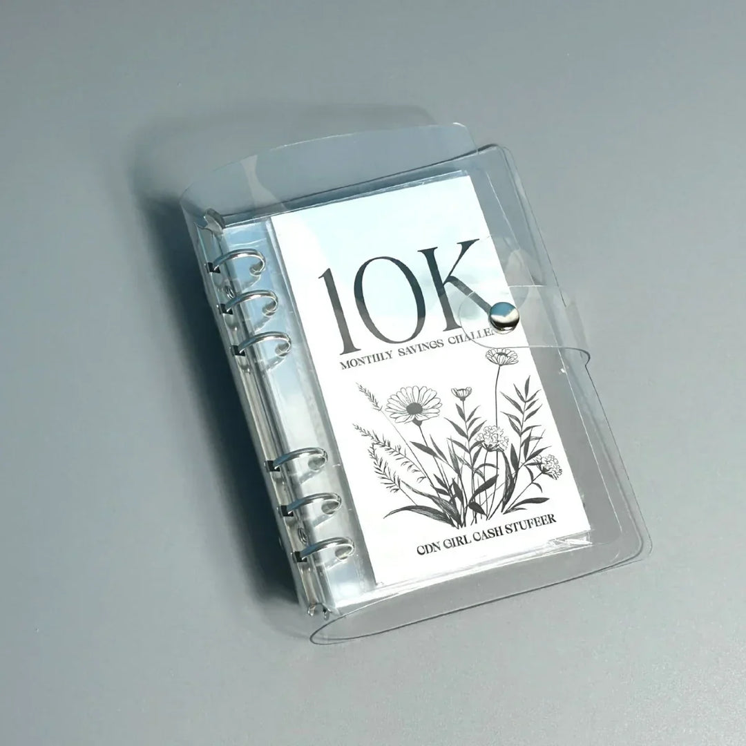Side view of the 12-Month Money Saving Challenge Binder, showing its thickness with envelopes.