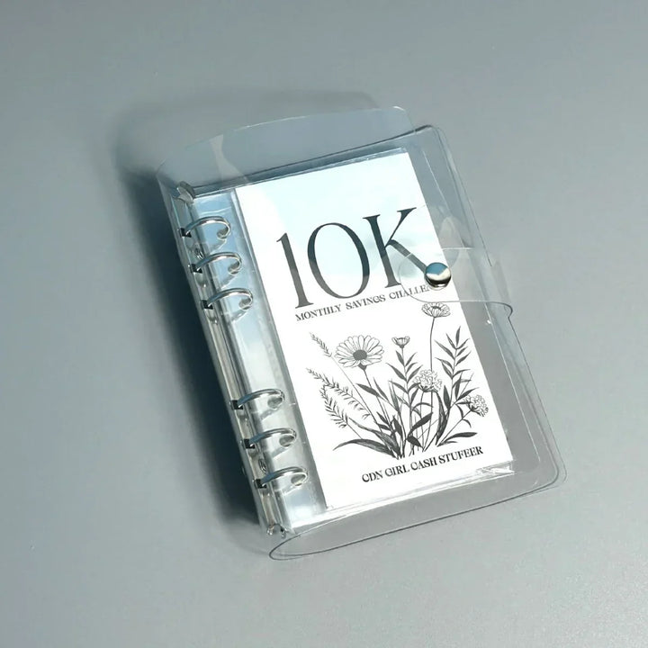 Side view of the 12-Month Money Saving Challenge Binder, showing its thickness with envelopes.