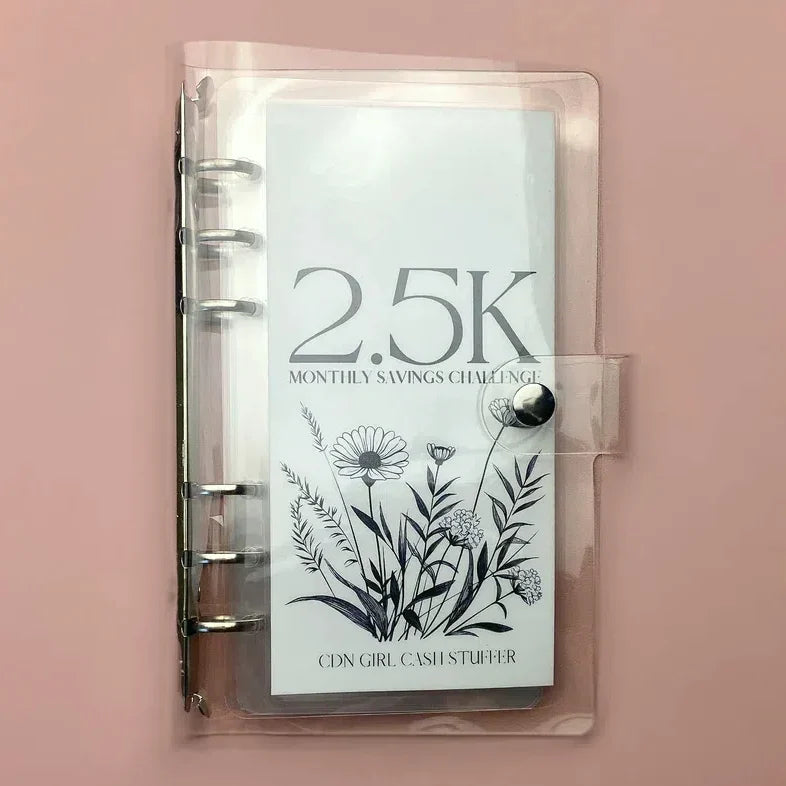 Closed 12-Month Money Saving Challenge Binder, black, with 'Savings Challenge' text, for budgeting.