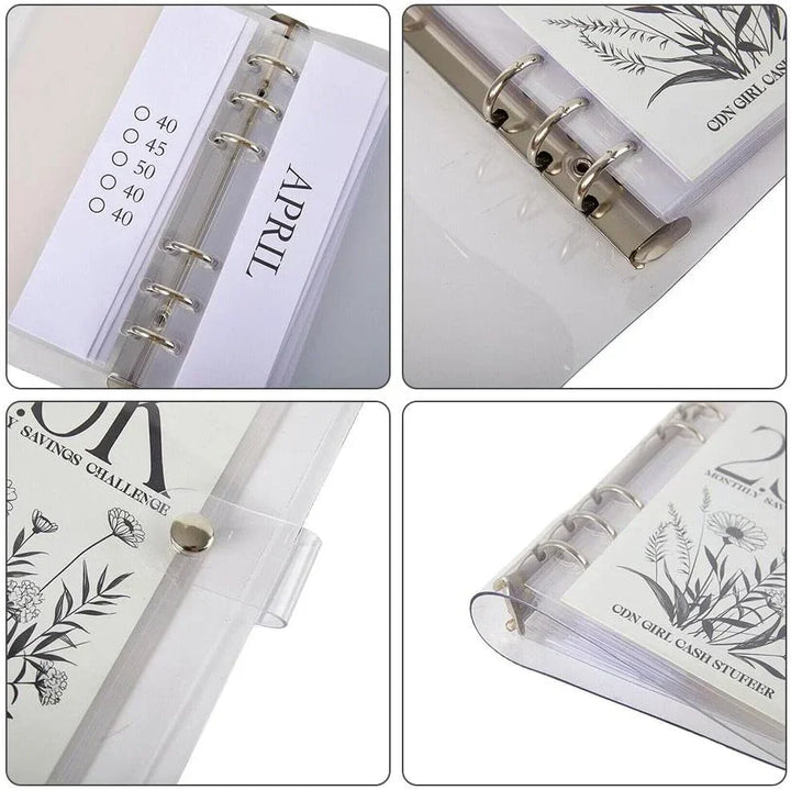 Assorted cash envelopes with different savings goals inside the 12-Month Money Saving Challenge Binder.