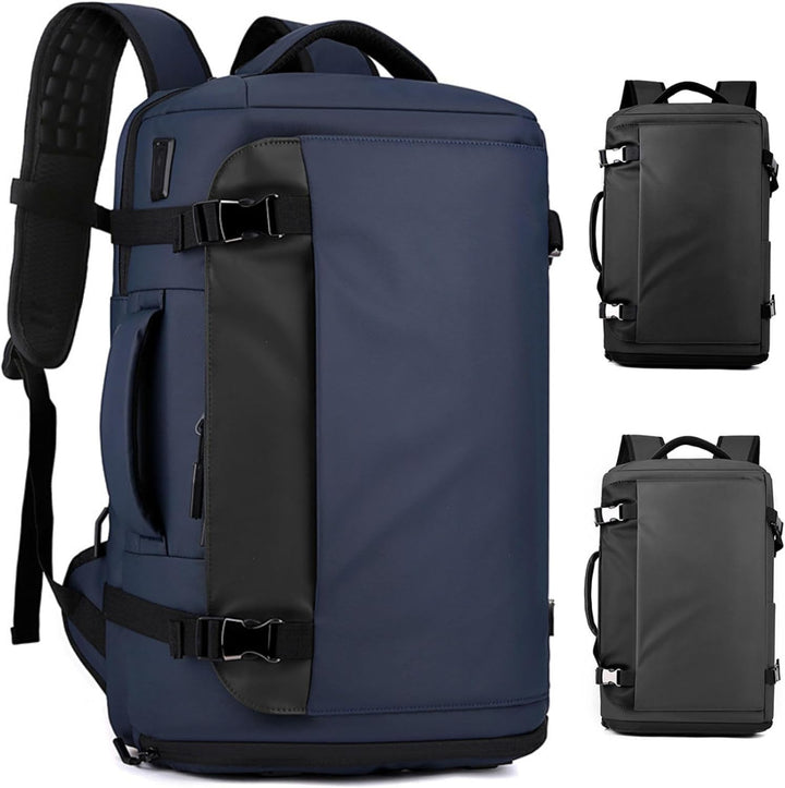 TrekPro Series 15" waterproof laptop backpack, black, with side-open design & USB-C port for easy access.