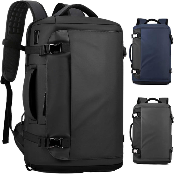 Durable 15" waterproof travel backpack, black, with USB-C charging, perfect for hiking, school & daily use.