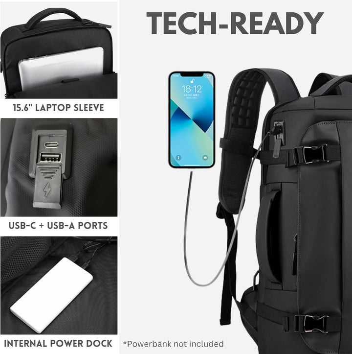Ergonomic 15-inch waterproof laptop backpack, black, with padded straps & USB-C, for comfortable daily wear.