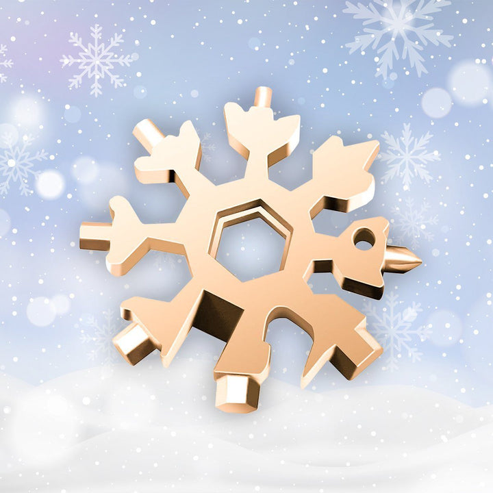 Silver stainless steel snowflake multi-tool with various hex wrench sizes, a compact gadget