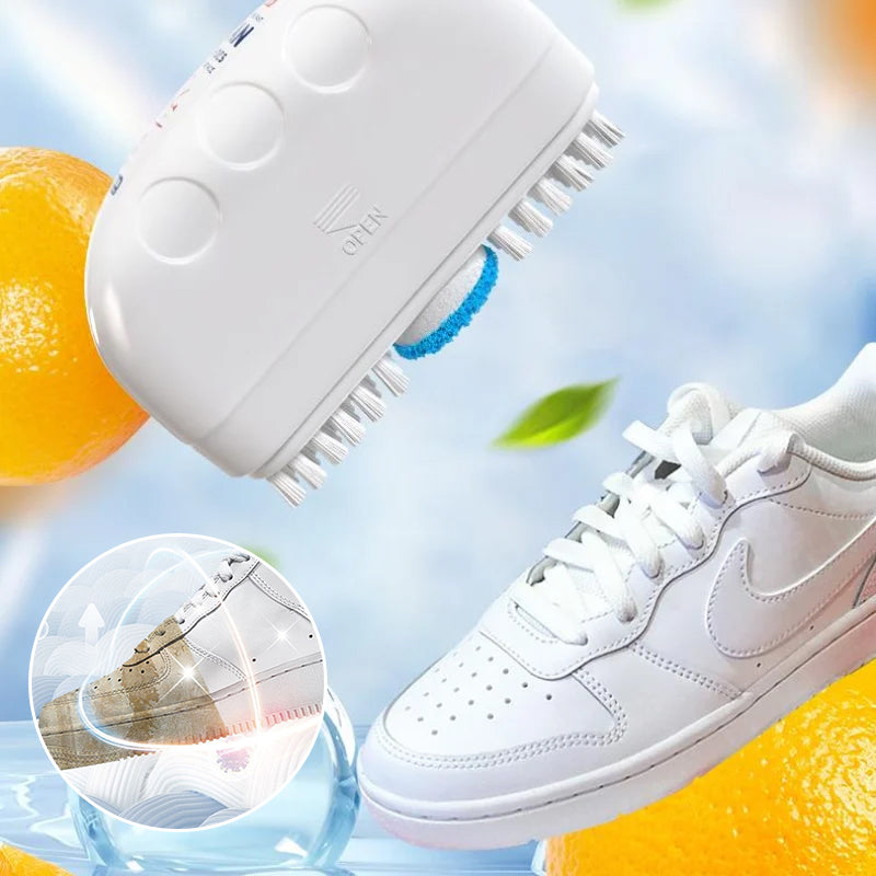 Innovative shoe cleaner brush with a self-dispensing foam reservoir for hassle-free cleaning