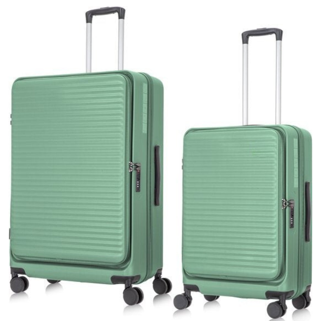 Stylish 2-piece hardshell travel suitcase set with expandable storage & laptop access.