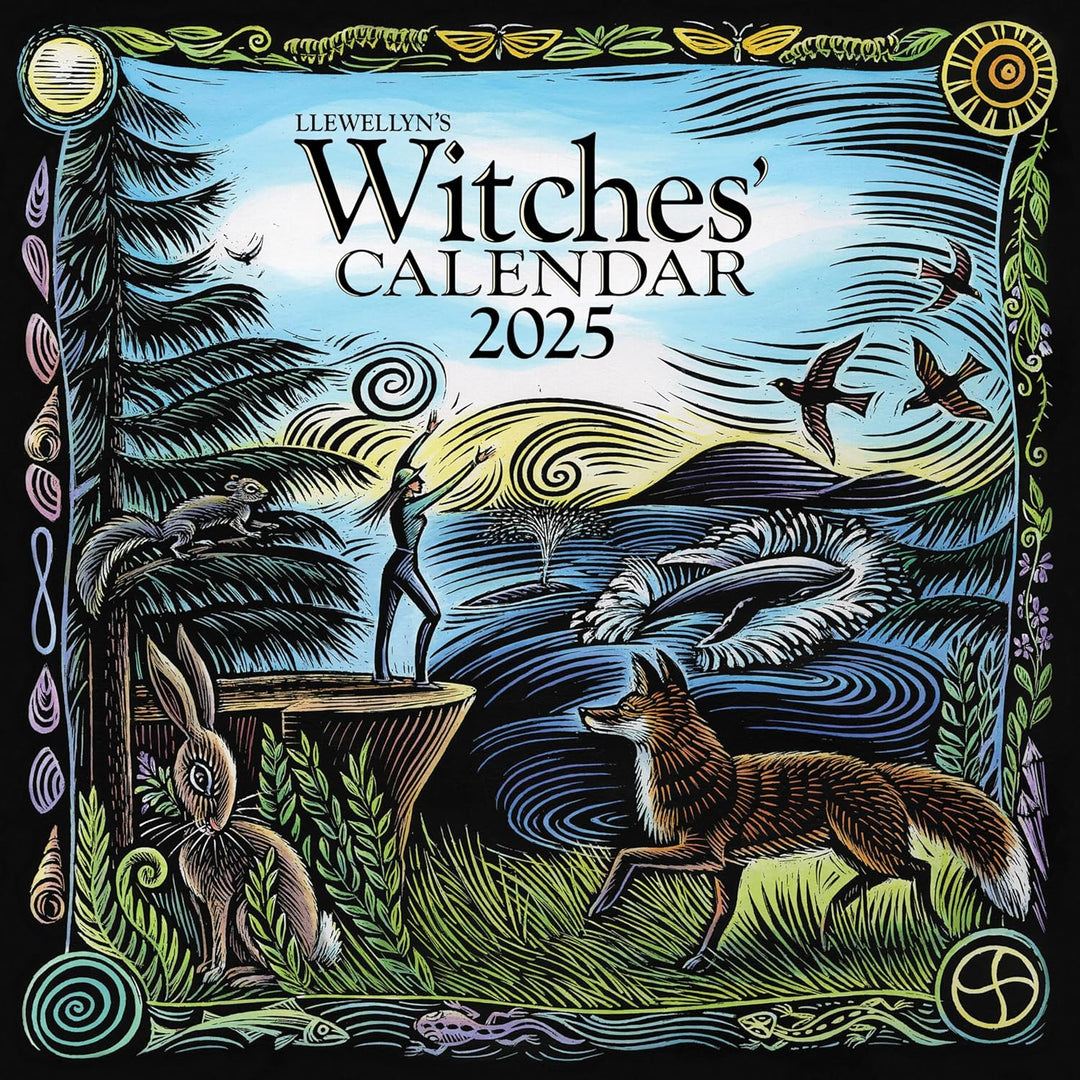 Unisex 2025 Mystical Witches' Wall Calendar, open to a moonlit forest scene with moon phases.
