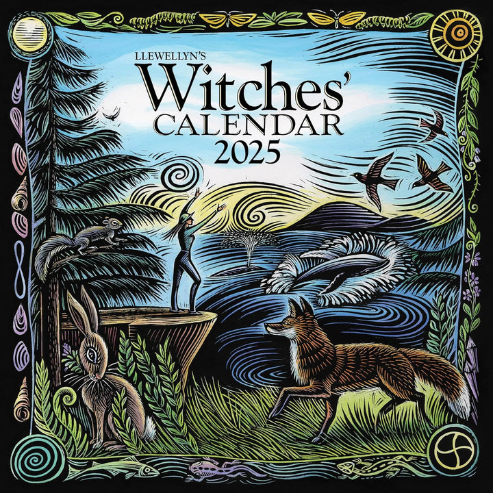 Unisex 2025 Mystical Witches' Wall Calendar, open to a moonlit forest scene with moon phases.