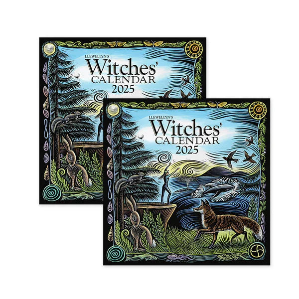 Gift-ready 2025 Witches' Calendar, wrapped with a ribbon and witchcraft-themed tags.
