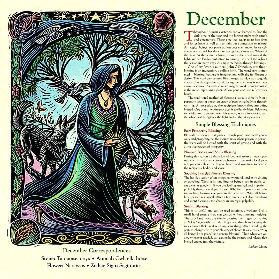 Close-up of the 2025 Witches' Wall Calendar, displaying a vibrant astrology chart and monthly grid.
