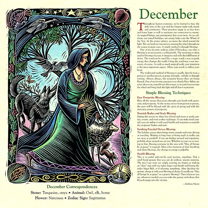 Close-up of the 2025 Witches' Wall Calendar, displaying a vibrant astrology chart and monthly grid.