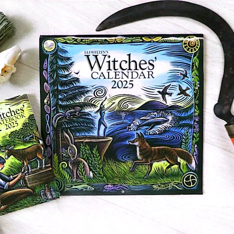 Open 2025 Witches' Calendar, highlighting pages with detailed moon phases and astrological insights.