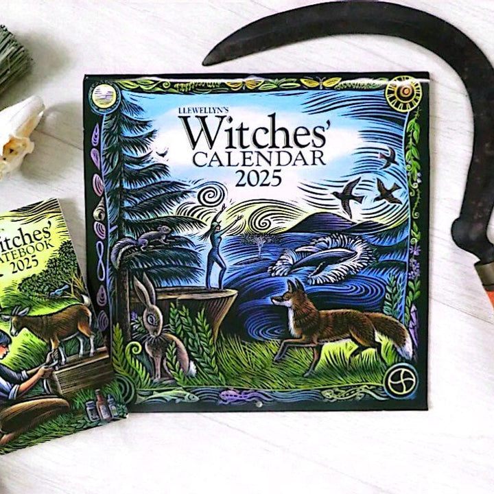 Open 2025 Witches' Calendar, highlighting pages with detailed moon phases and astrological insights.
