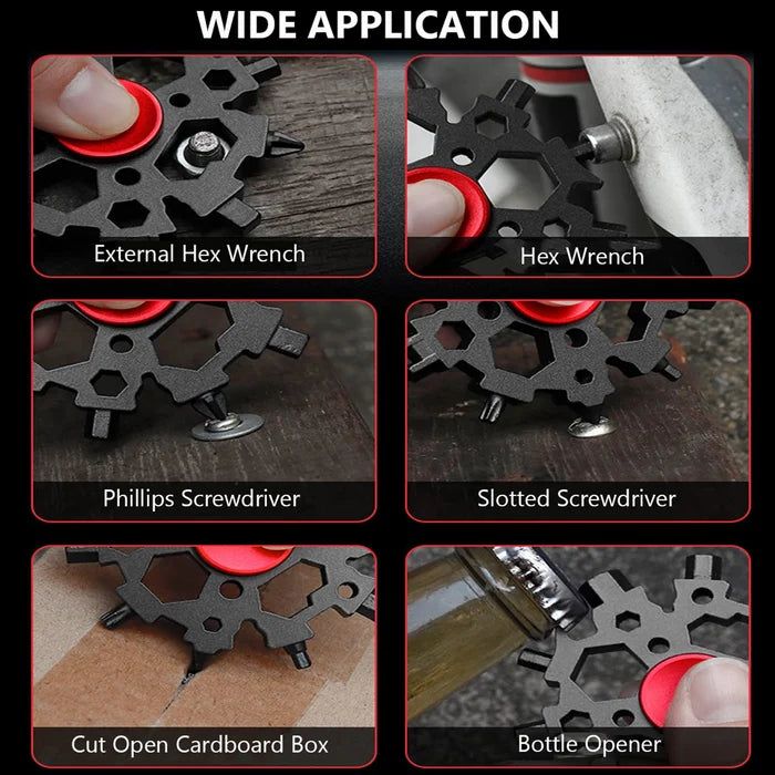 Hand holding 23-in-1 snowflake multitool, demonstrating its compact and convenient size