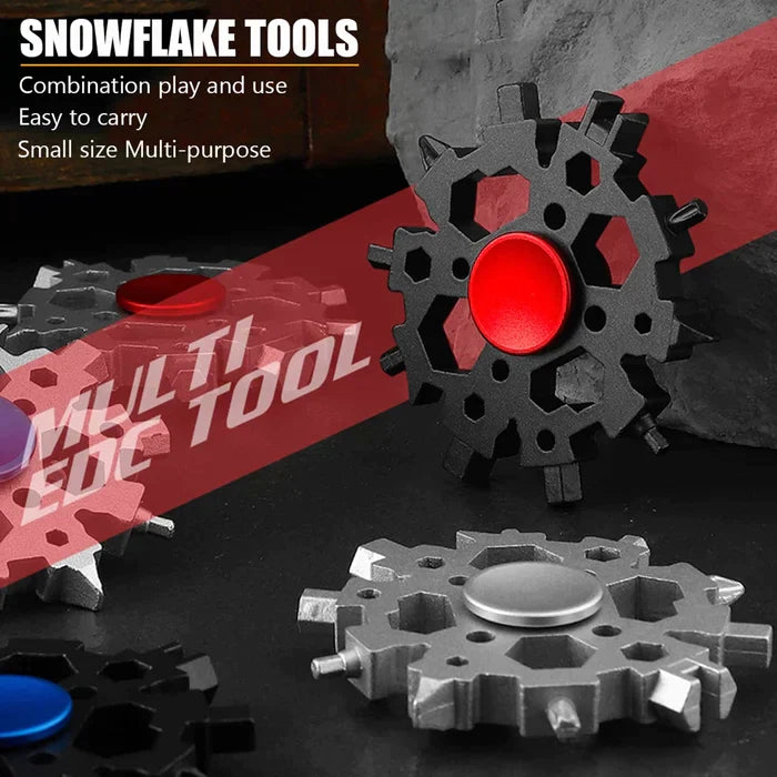 Various angles of the snowflake gadget, highlighting its versatility as a tool and spinner