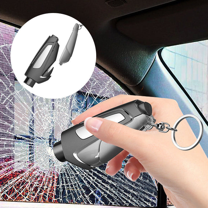 A graphic demonstrating the seatbelt cutting capability of the unisex 3-in-1 car emergency tool.