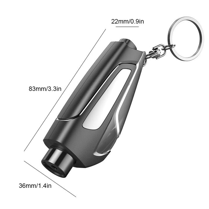 The 3-in-1 emergency tool attached to a keychain, highlighting its portability as personal safety gear.