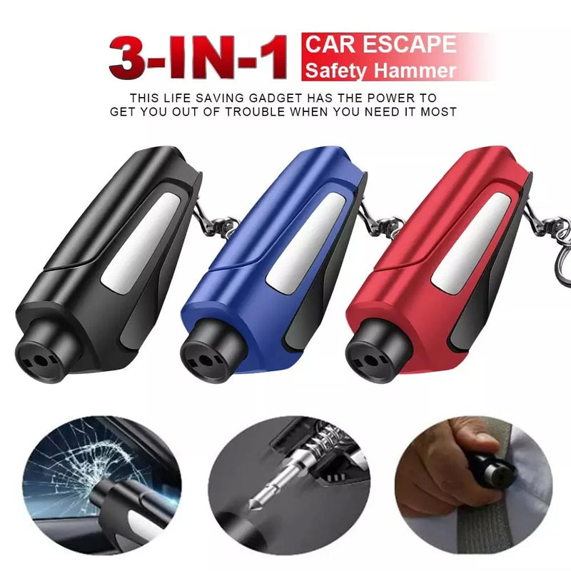 Close-up of the robust tip of the 3-in-1 car emergency tool, designed for effective window breaking.