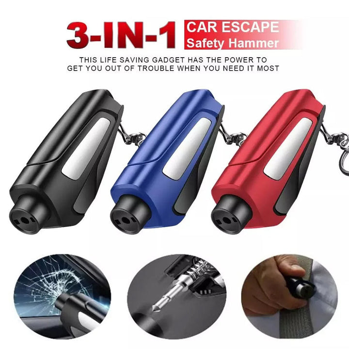 Close-up of the robust tip of the 3-in-1 car emergency tool, designed for effective window breaking.