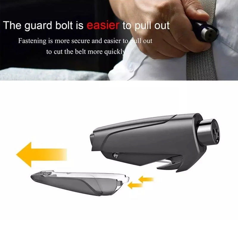Detail view of the protected blade within the 3-in-1 compact emergency tool, ready for seatbelt cutting.