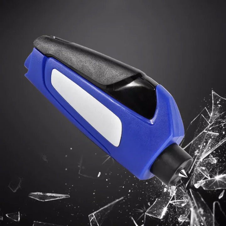 The 3-in-1 car emergency tool next to a car seatbelt, illustrating its use as a seatbelt cutter.