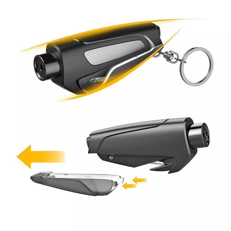 Packaging for the 3-in-1 compact car emergency tool, showcasing its functions for vehicle safety.