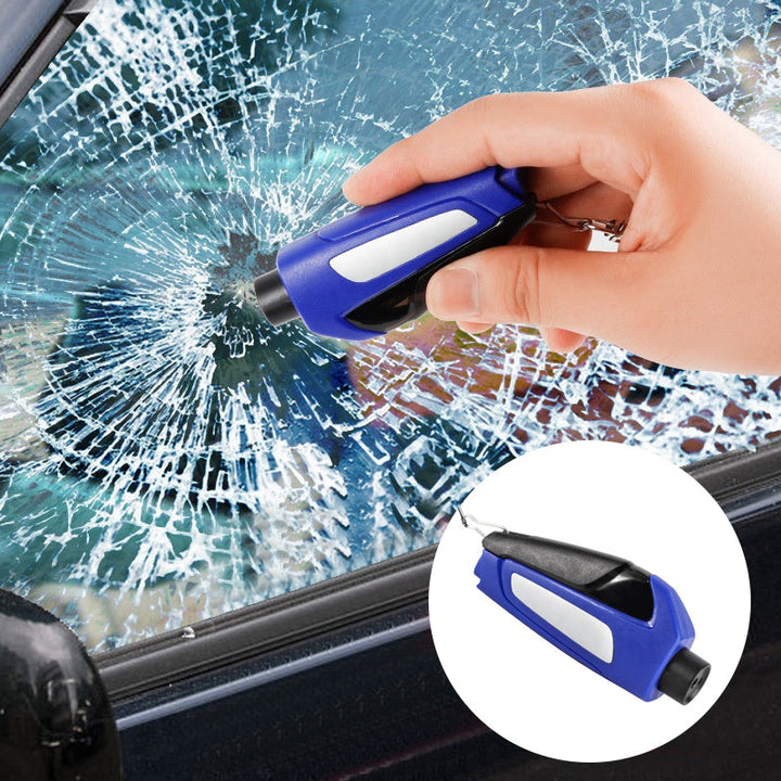 A graphic illustrating the window breaking function of the compact 3-in-1 car emergency tool.